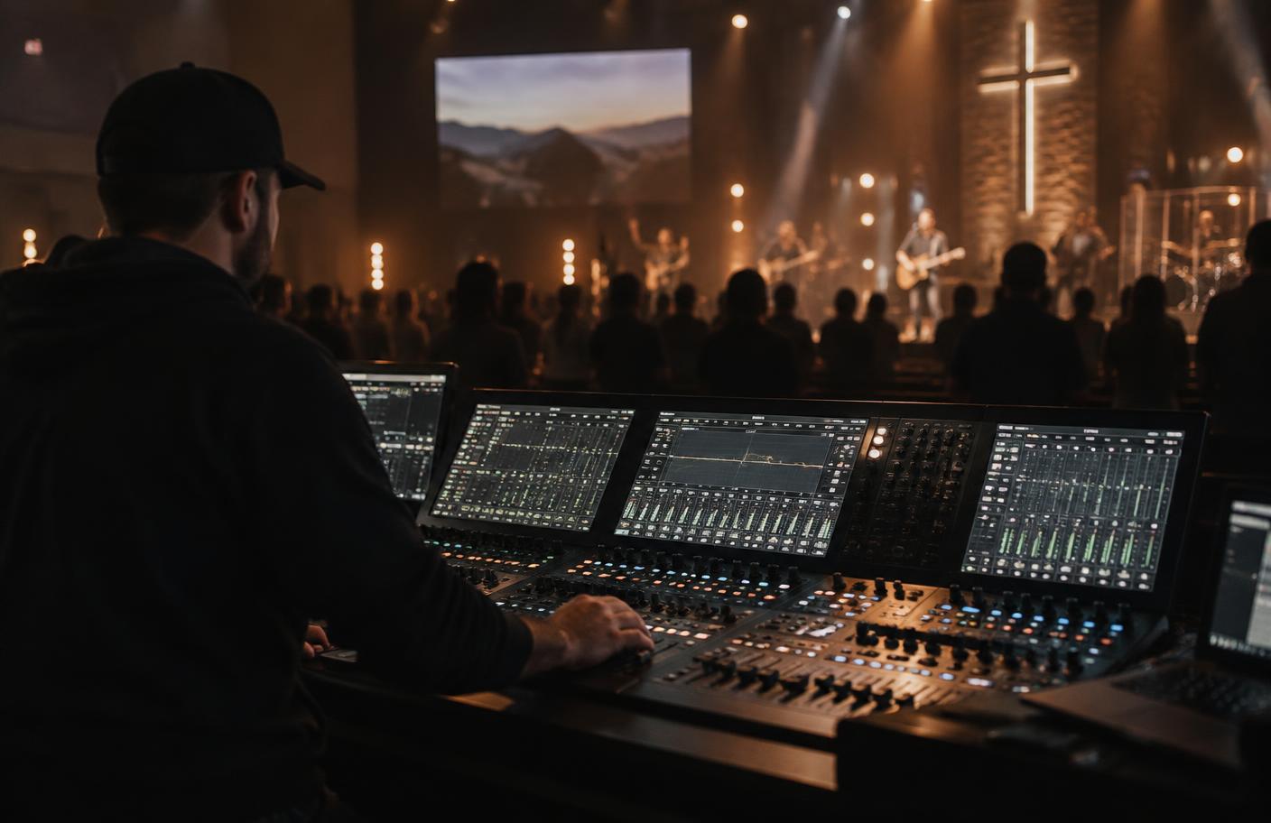 An audio engineer mixing a live church service